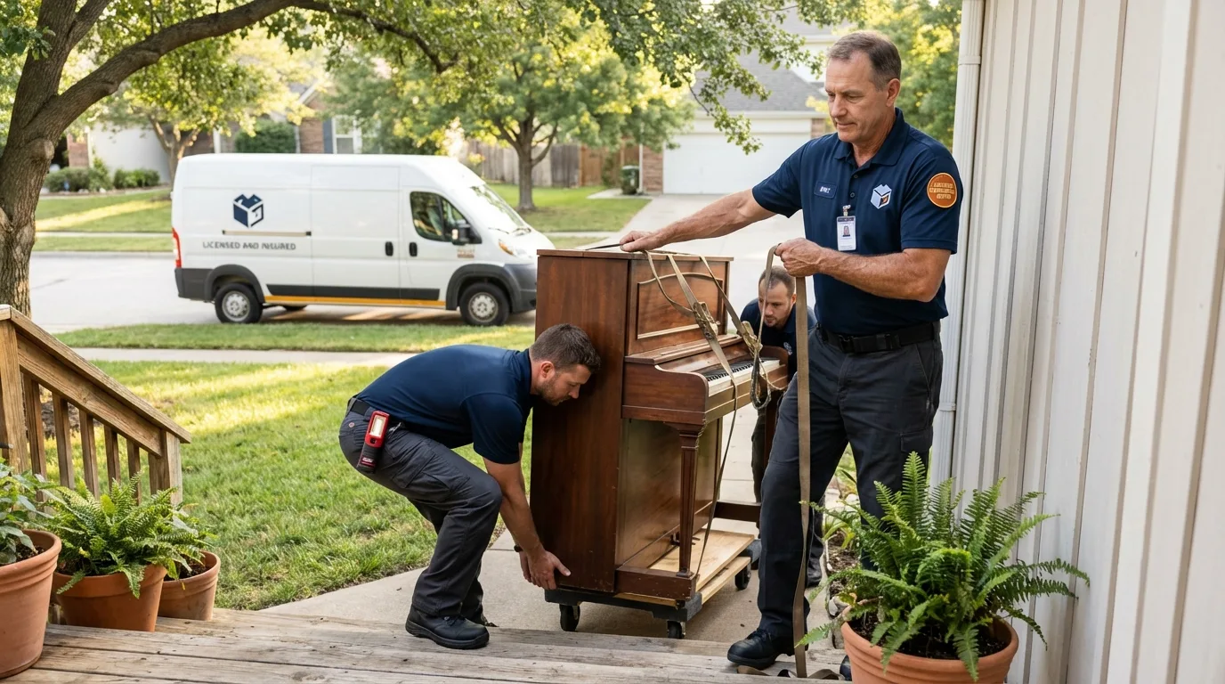 Licensed piano movers securing grand piano in Raymond, MS