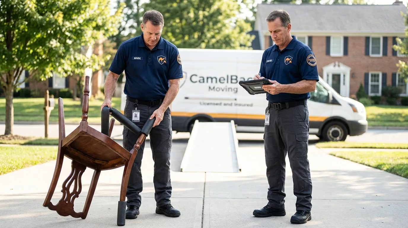 Movers inspecting furniture for damage prevention before loading in Raymond, MS