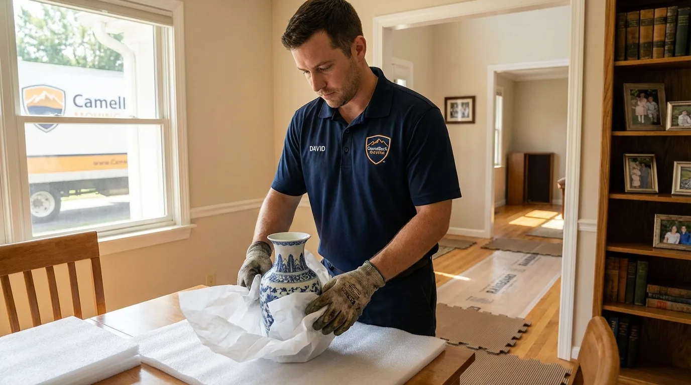 Professional crew carefully wrapping antique vase for senior downsizing move in Raymond, MS